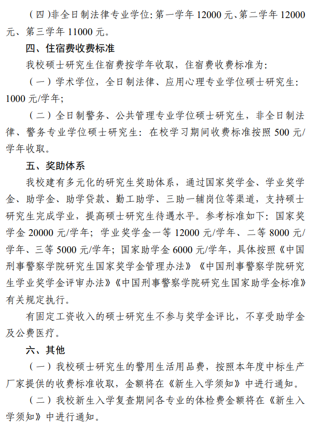 中国刑事警察学院2026年硕士研究生学费及奖助