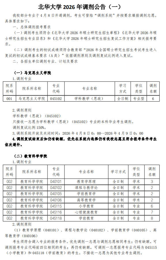 北华大学2026年硕士研究生招生复试调剂公告(一)