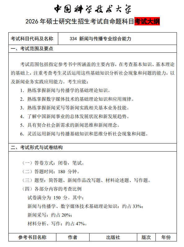 中国科学技术大学2026年硕士招生考试科目考试大纲-新闻与传播专业综合能力