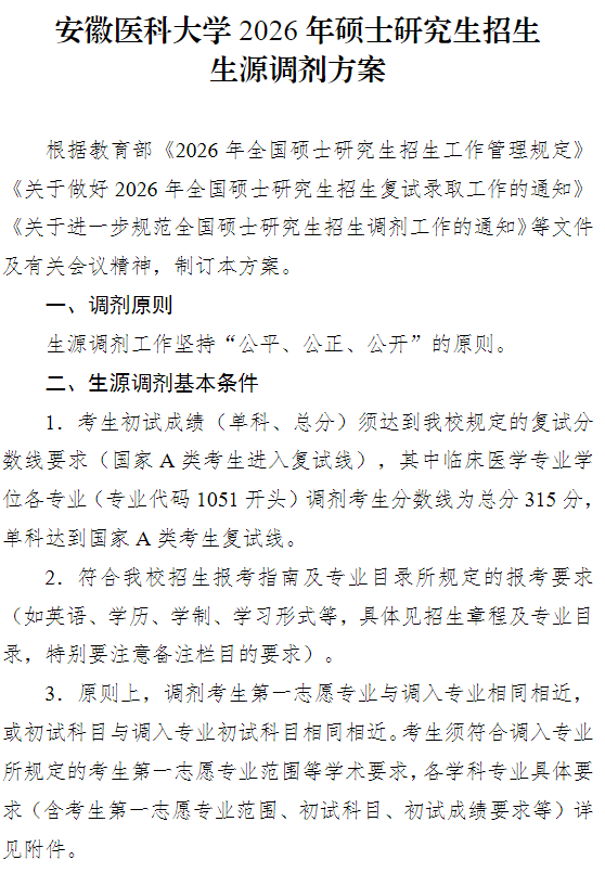 安徽医科大学2026年硕士研究生招生生源调剂方案