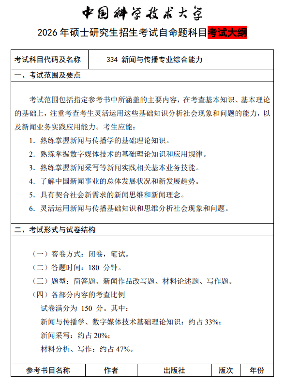 2026年中国科大硕士招生科目考试大纲-新闻与传播专业综合能力