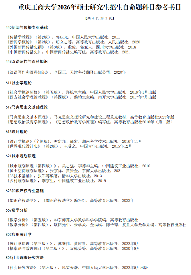 重庆工商大学2026年硕士研究生招生自命题科目参考书目