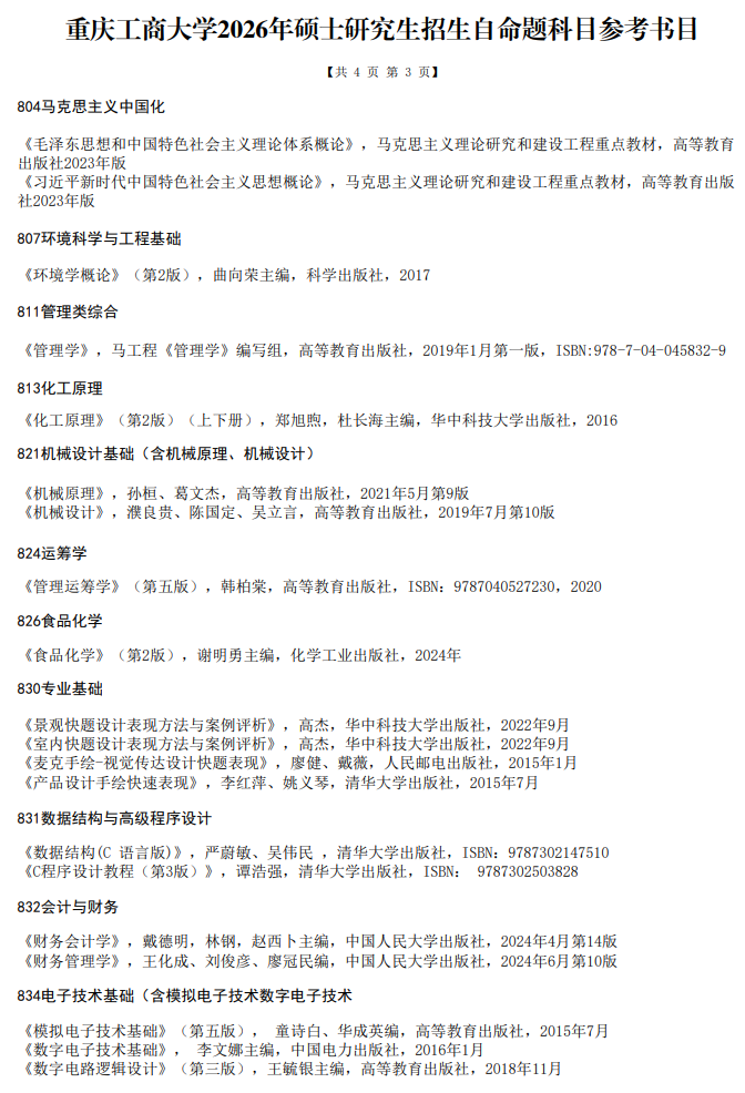 重庆工商大学2026年硕士研究生招生自命题科目参考书目