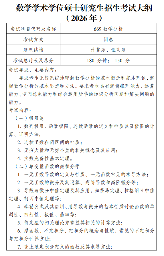 重庆理工大学2026年硕士研究生考研大纲-数学分析