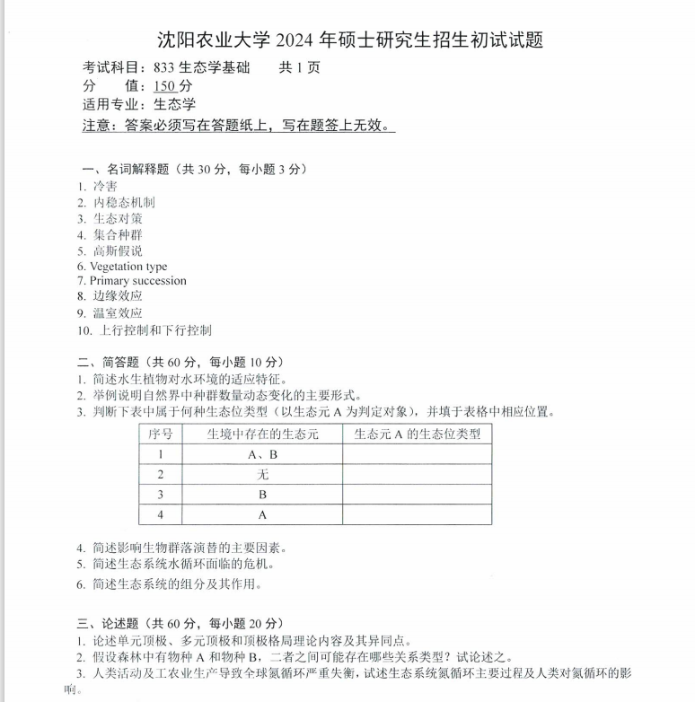 沈阳农业大学2024年833生态学基础（生态学）硕士研究生入学初试试题