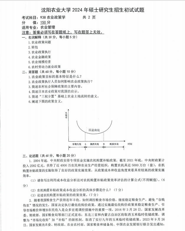 沈阳农业大学2024年938农业政策学（农业管理）硕士研究生入学初试试题