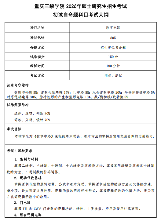 重庆三峡学院2026年硕士研究生招生考试大纲-数字电路