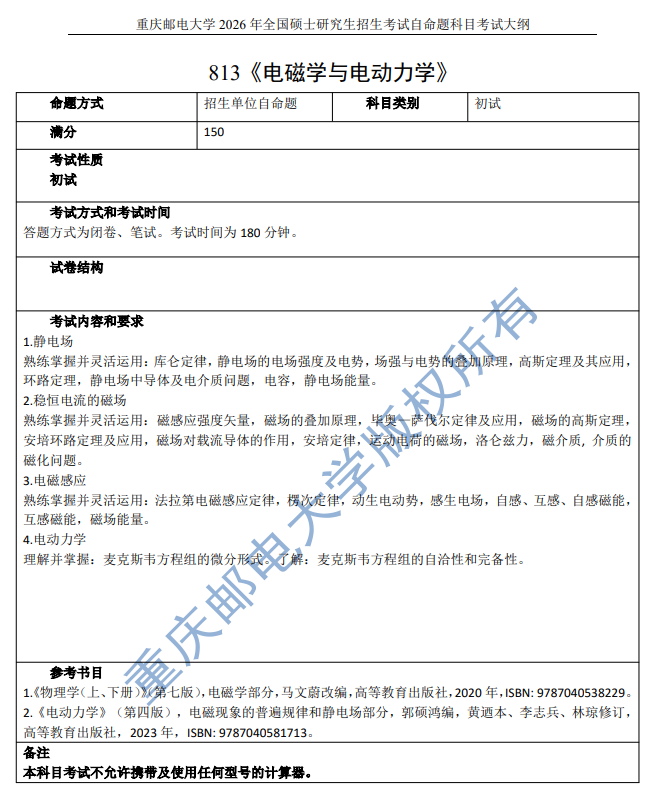 重邮电子科学与工程学院2026年初复试考试大纲