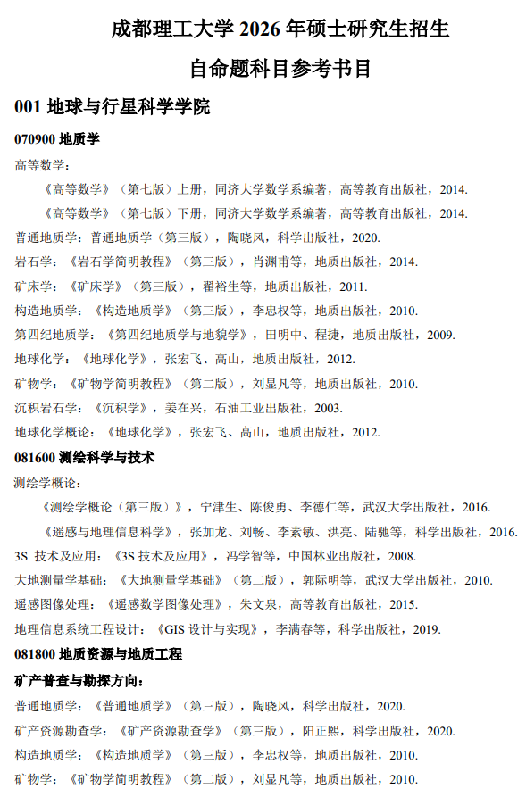 成都理工大学2026年硕士研究生招生自命题科目参考书目