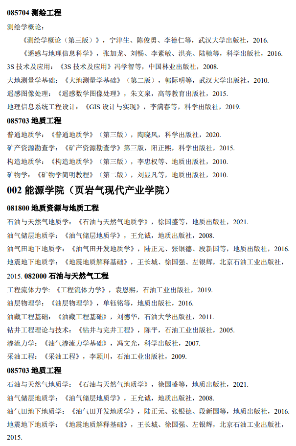 成都理工大学2026年硕士研究生招生自命题科目参考书目
