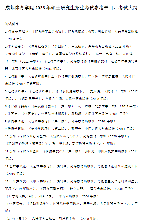成都体育学院2026年硕士研究生招生考试大纲