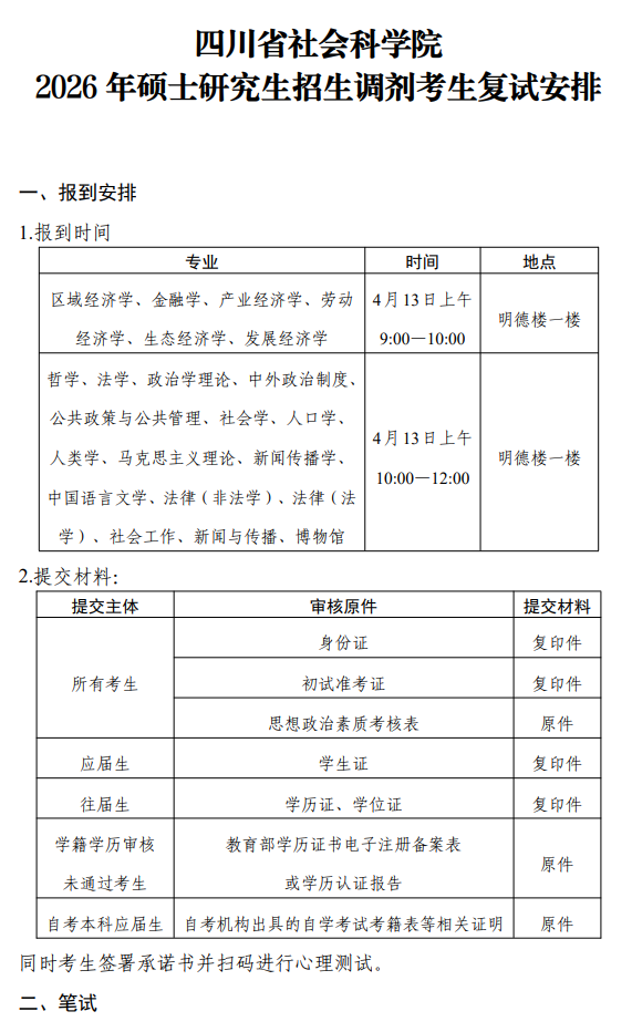 四川省社会科学院2026年硕士研究生招生调剂考生复试安排