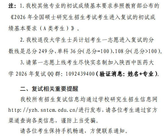 陕西中医药大学2026年硕士研究生基本分数线