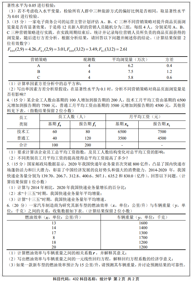 南京审计大学432统计学2025年考研真题