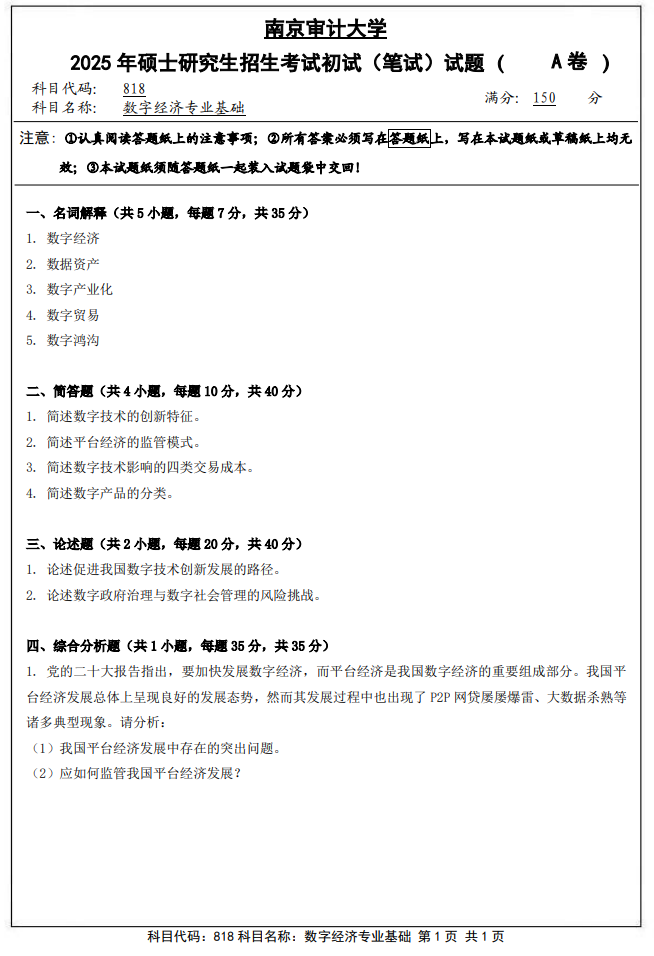 南京审计大学818数字经济专业基础2025年考研真题