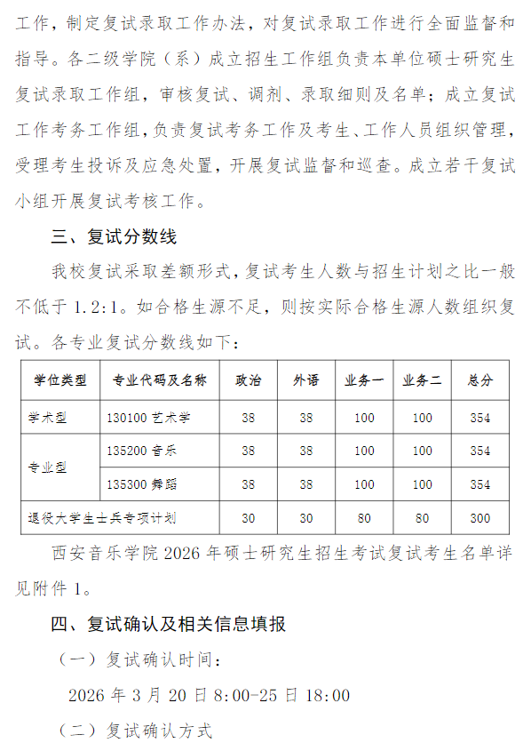 西安音乐学院2026年硕士研究生招生考试复试录取工作办法
