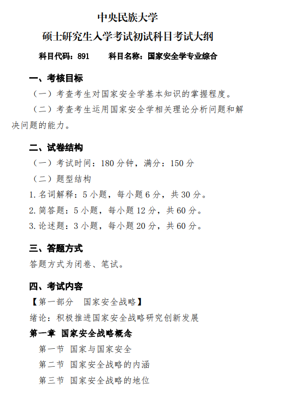 2027中央民族大学《国家安全学专业综合》(891)初试大纲