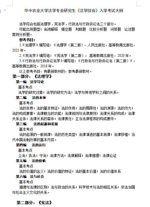 2027华中农业大学《法学综合》(619)考研初试大纲