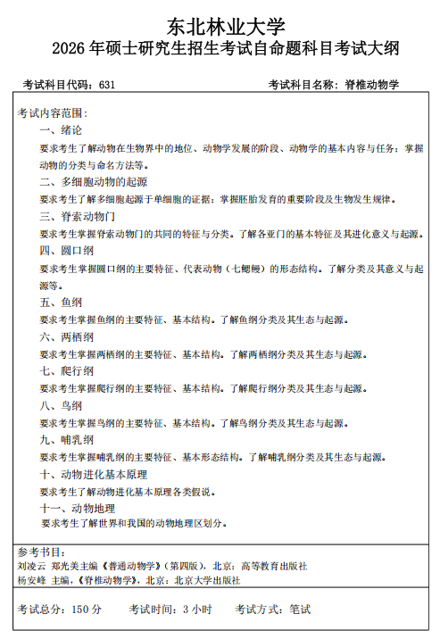 东北林业大学2026年硕士研究生招生初试考试大纲-脊椎动物学