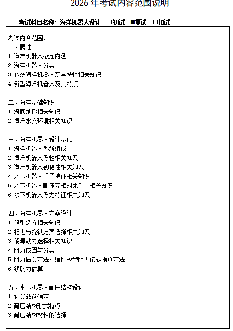 哈尔滨工程大学2026年硕士研究生招生考试复试大纲-海洋机器人设计