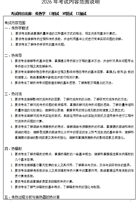 哈尔滨工程大学2026年硕士研究生招生考试复试大纲-传热学
