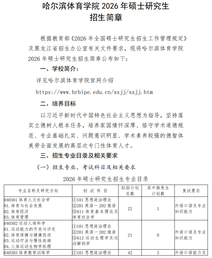 哈尔滨体育学院2026年硕士研究生招生简章