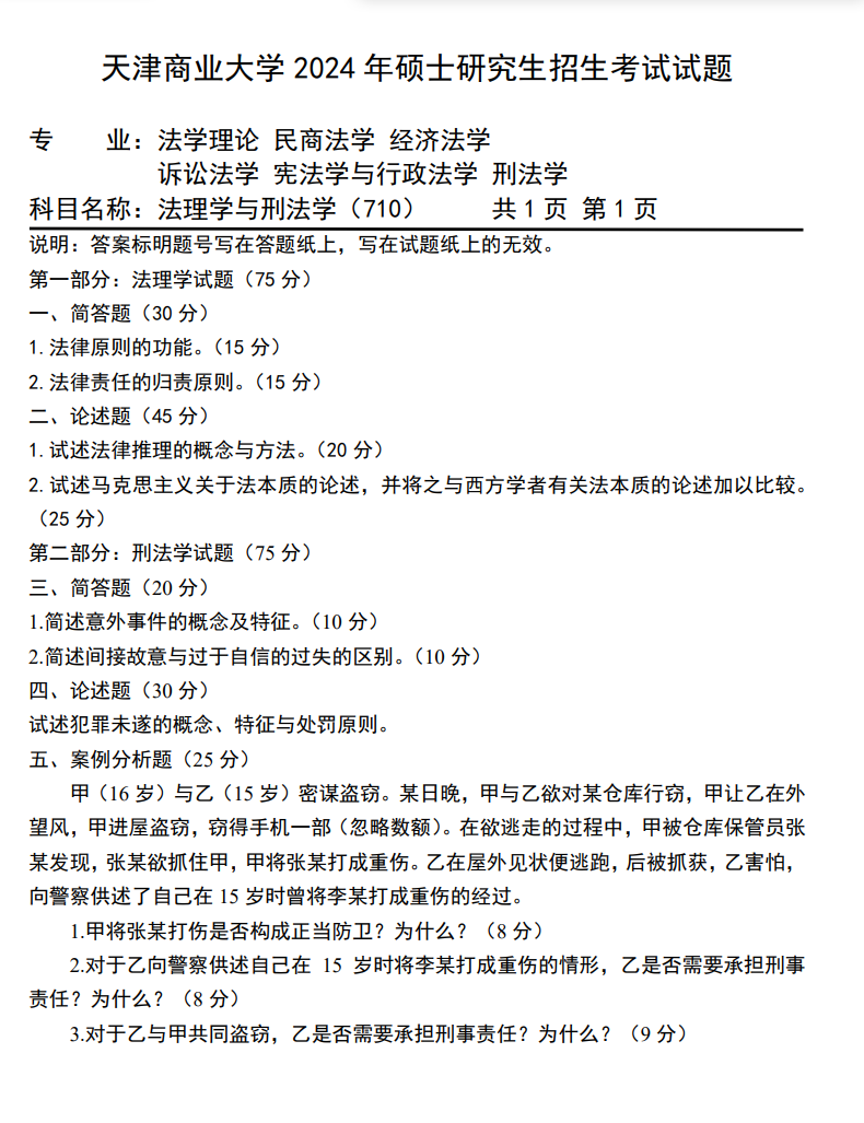 天津商业大学 710法理学与刑法学 2024年考研真题