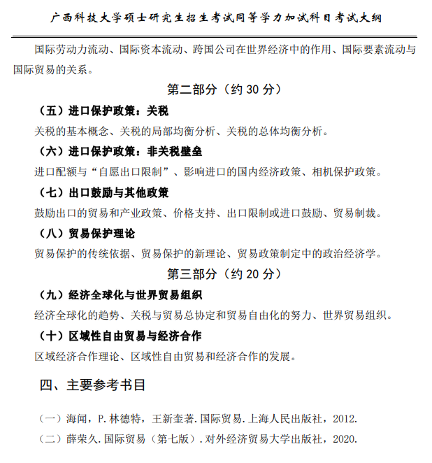 广西科技大学2026年硕士研究生招生复试、加试考试大纲-国际贸易