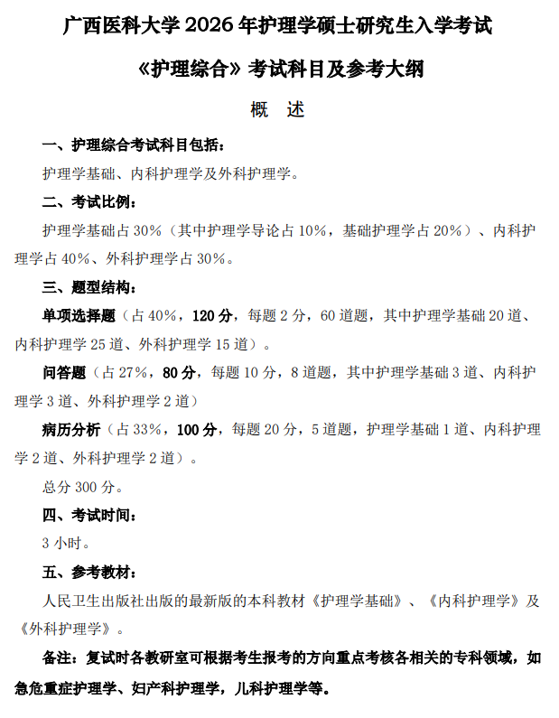 广西医科大学硕士研究生招生考试大纲-护理综合