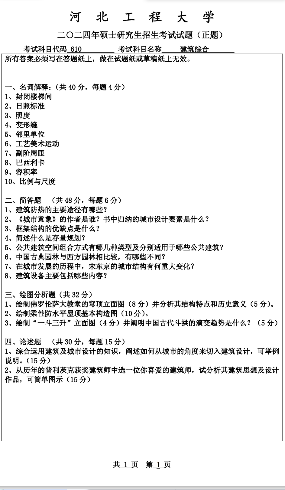 河北工程大学 610建筑综合 2024年考研真题