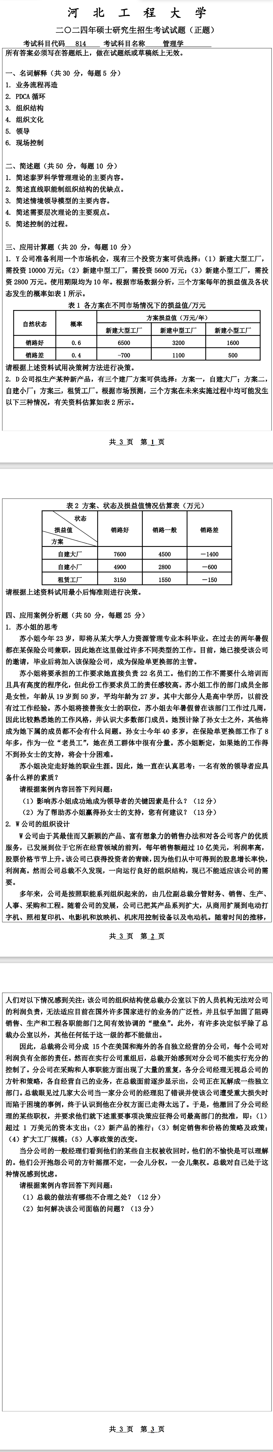 河北工程大学 814管理学 2024年考研真题