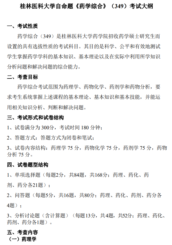 桂林医科大学2026年硕士研究生自命题考试大纲-药学综合