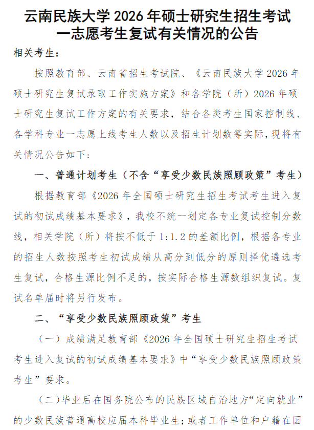 云南民族大学2026年硕士研究生复试分数线
