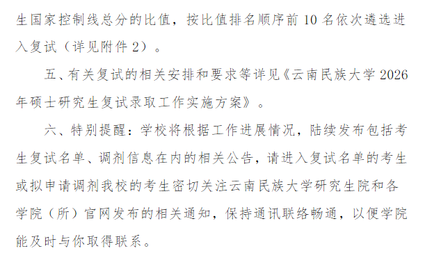 云南民族大学2026年硕士研究生复试分数线
