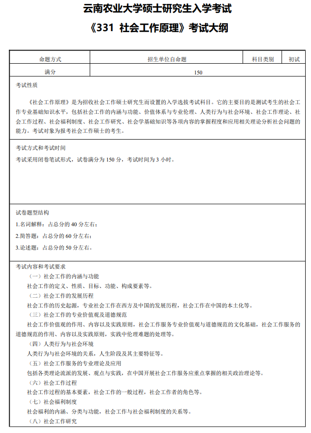 云南农业大学2027年硕士研究生招生初试考试大纲-社会工作原理