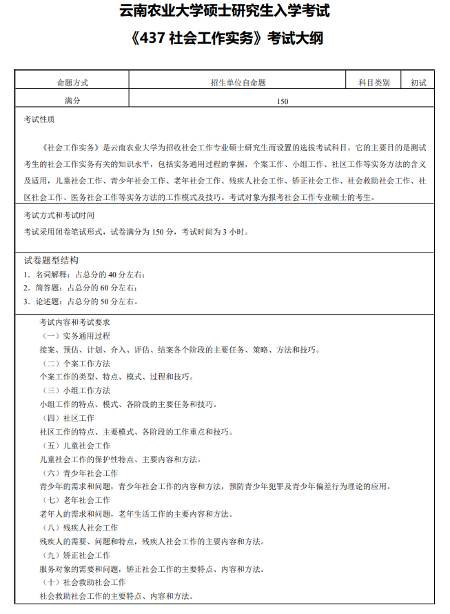 云南农业大学2027年硕士研究生初试考试大纲-社会工作实务