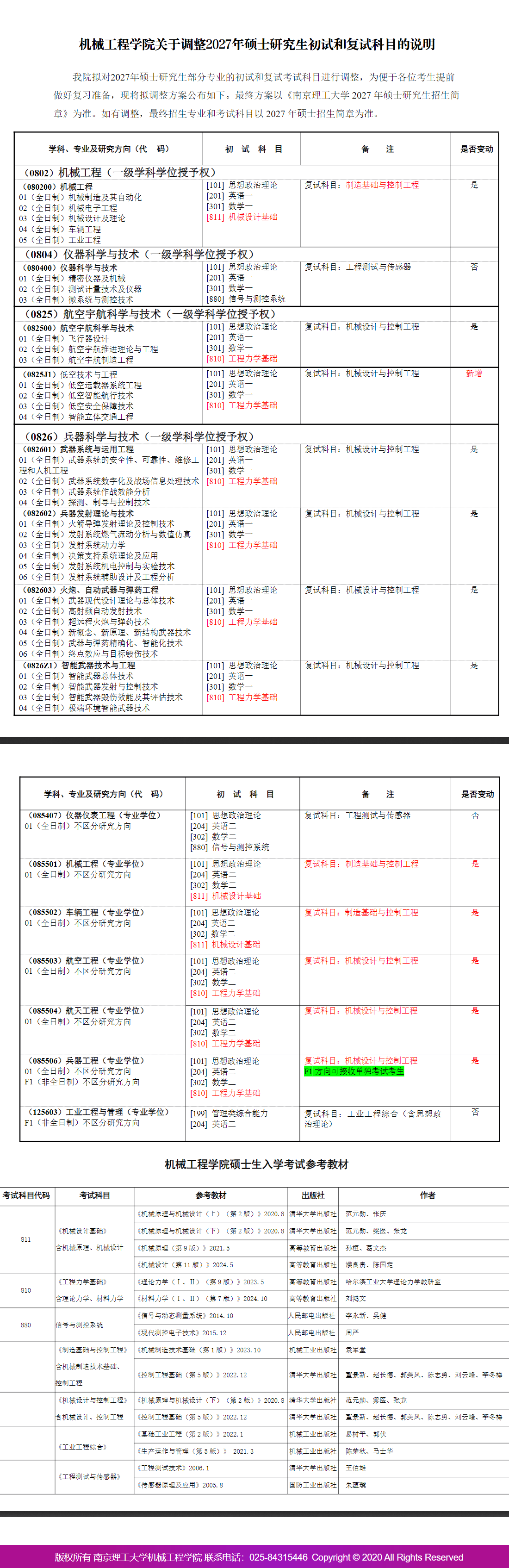 南京理工大学机械工程学院2027年考研初试及复试科目调整：机械工程、航空宇航科学与技术、低空技术与工程、兵器科学与技术、仪器科学与技术、机械工程(专硕)、车辆工程(专硕)、航空工程(专硕)、航天工程(专硕)、兵器工程(专硕)、工业工程与管理  为进一步优化研究生招生考核体系，提升人才选拔质量，贴合学科发展新形势与专业人才培养需求，南京理工大学机械工程学院对2027年硕士研究生