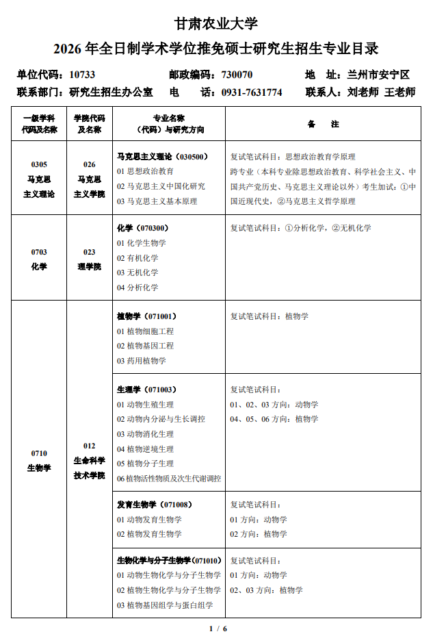 甘肃农业大学2026年接收推免研究生招生专业目录