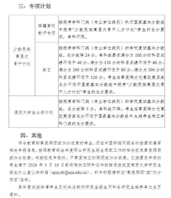 南京大学2026年硕士研究生招生考试复试基本分数线
