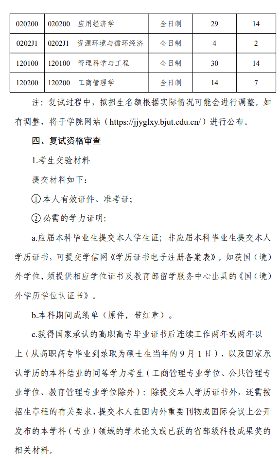 北京工业大学经济与管理学院2026年硕士研究生招生考试复试录取工作方案