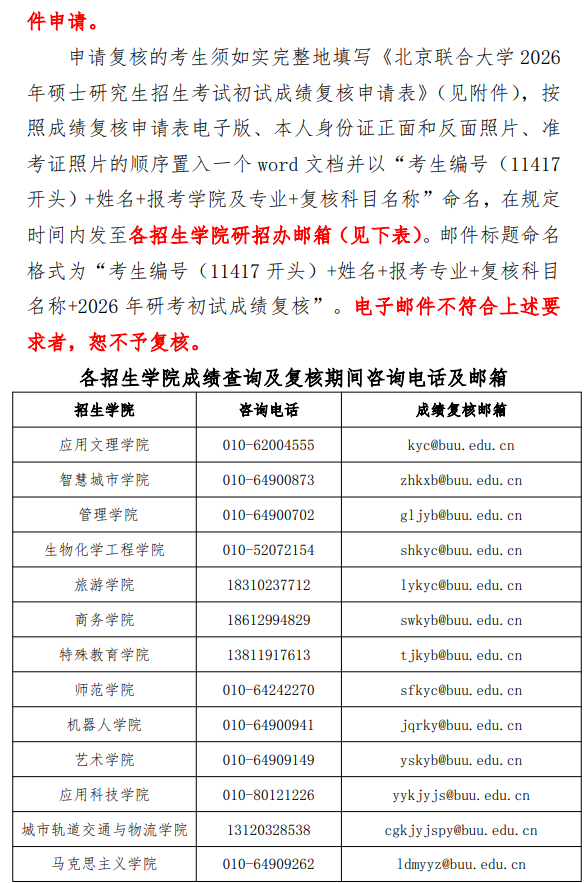 北京联合大学2026年硕士研究生招生考试初试成绩查询及复核的通知