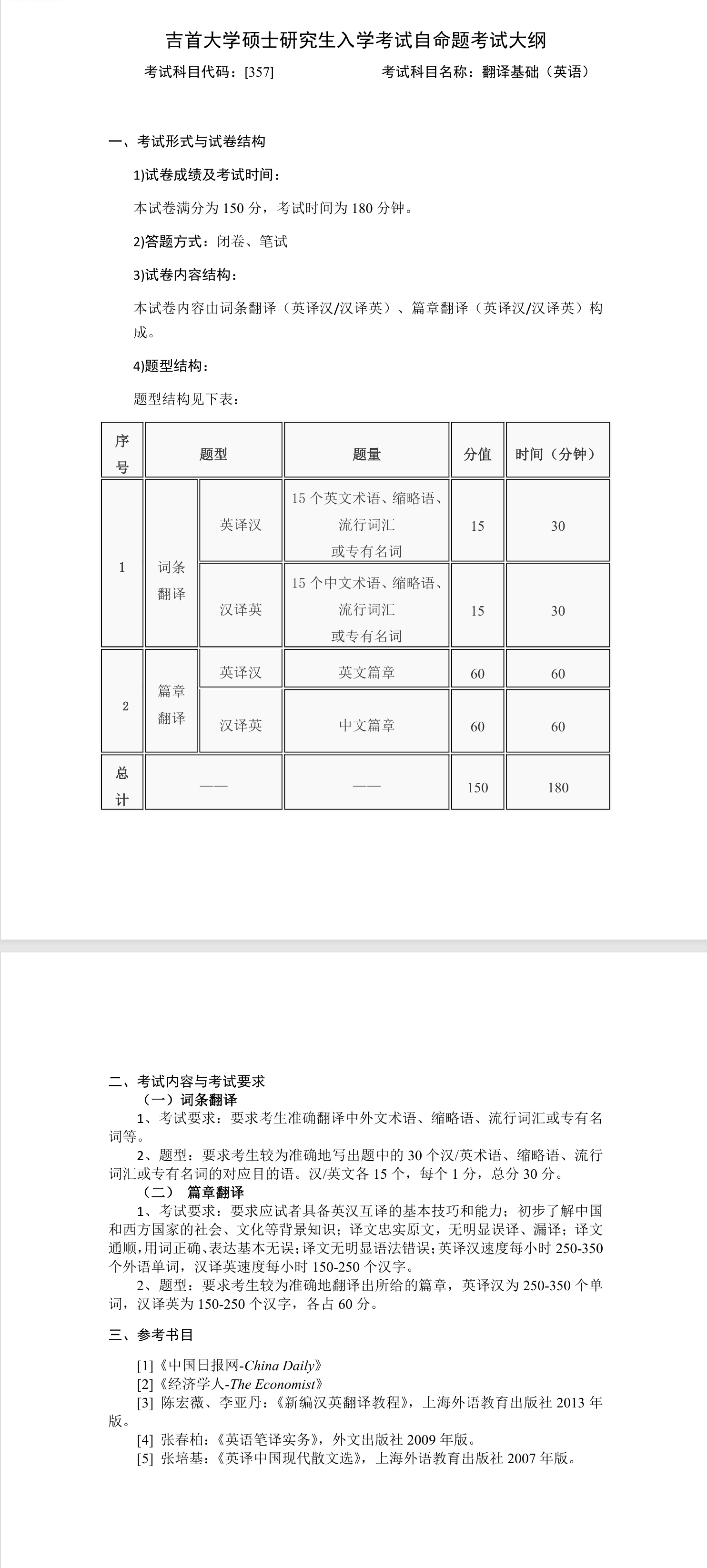 吉首大学2026年《翻译基础(英语)》(357)考试大纲