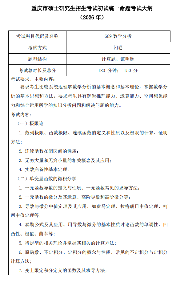 北京林业大学2027年硕士研究生入学考试自命题科目考试大纲-数学分析