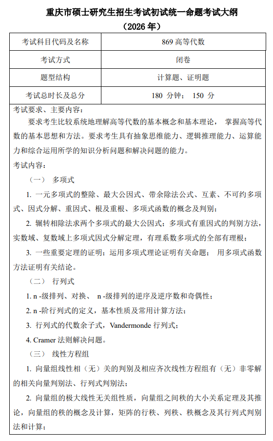 中国林业科学研究院2027年硕士研究生考试大纲-高等代数