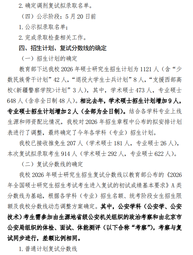 中国人民公安大学2026年硕士研究生招生复试录取工作方案