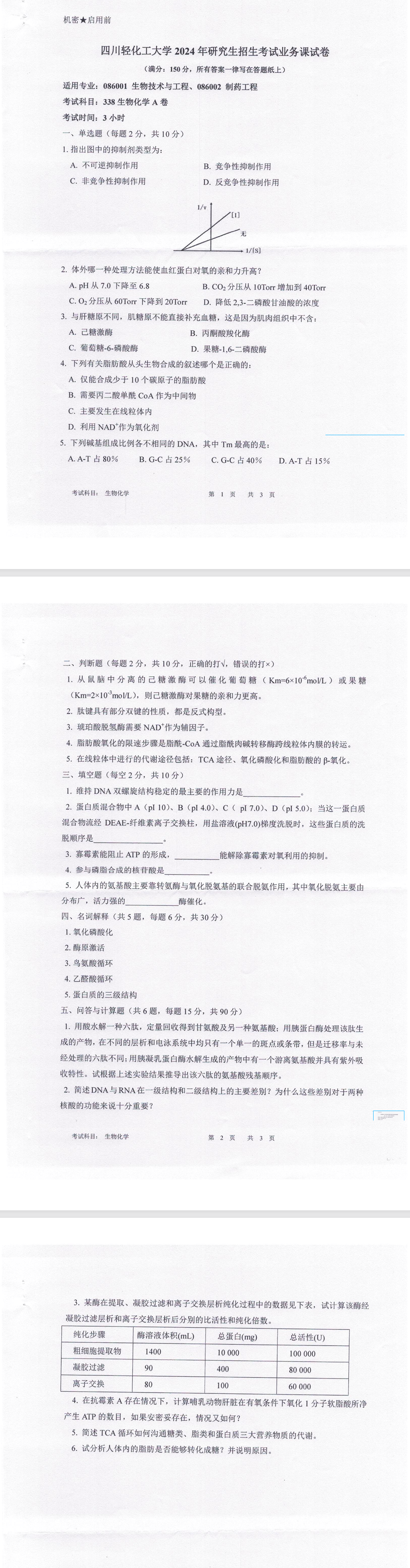 四川轻化工大学 338生物化学A卷 2024年考研真题