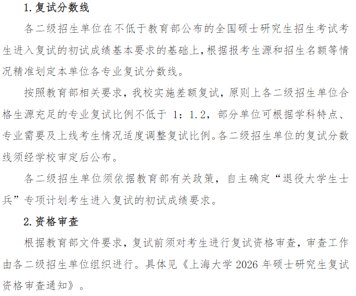 上海大学2026年硕士研究生招生复试分数线