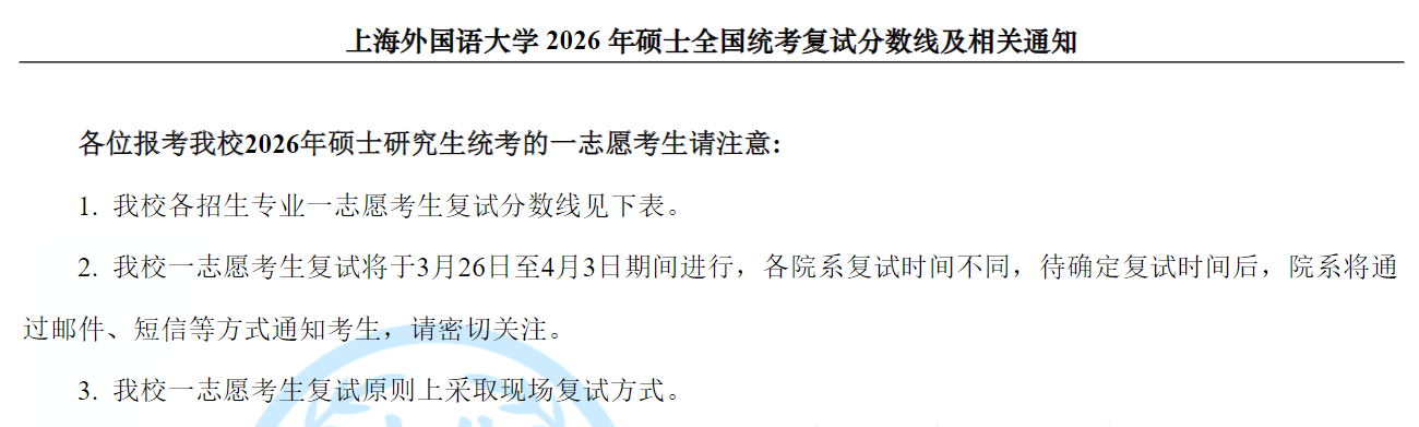 上海外国语大学2026年硕士统考一志愿复试分数线