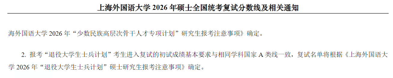 上海外国语大学2026年硕士统考一志愿复试分数线