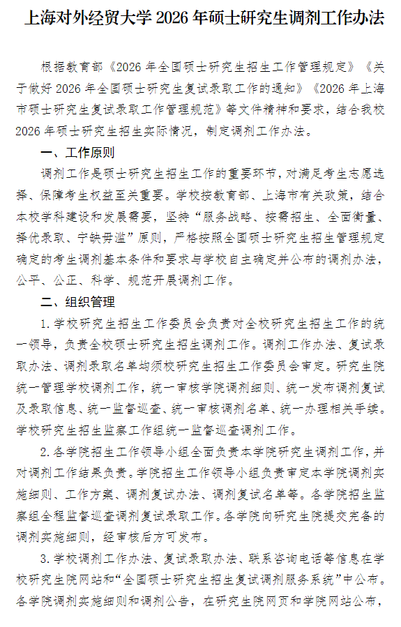 上海对外经贸大学2026年硕士研究生调剂工作办法